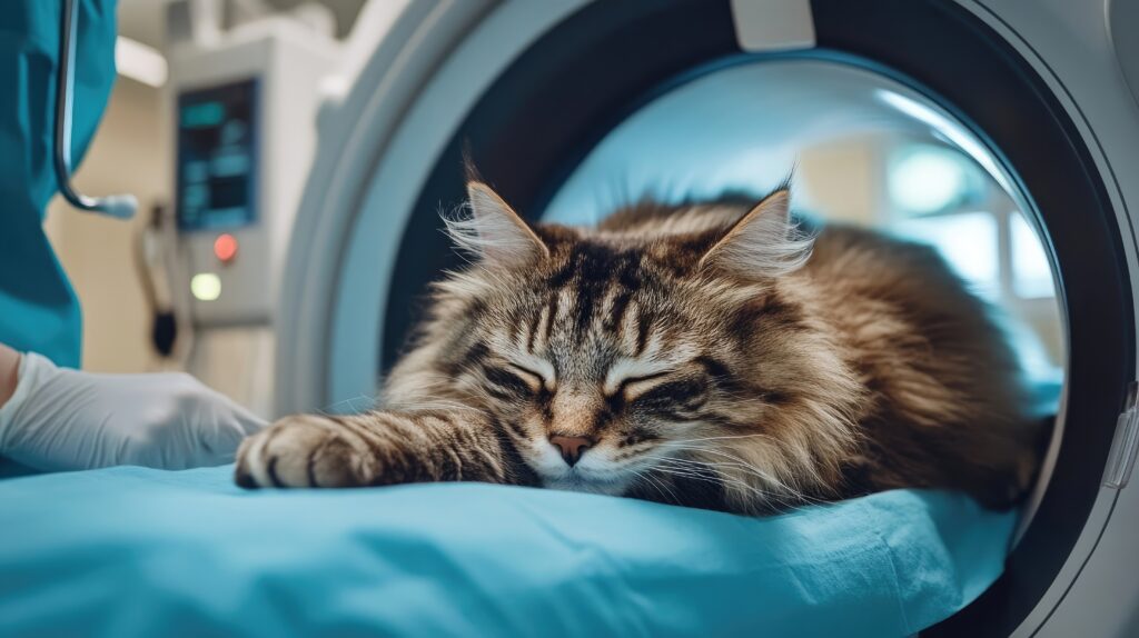 Siberian Fluffy Cat Resting On A Ct Scan Table In A Veterinary Clinic, Undergoing A Diagnostic Procedure