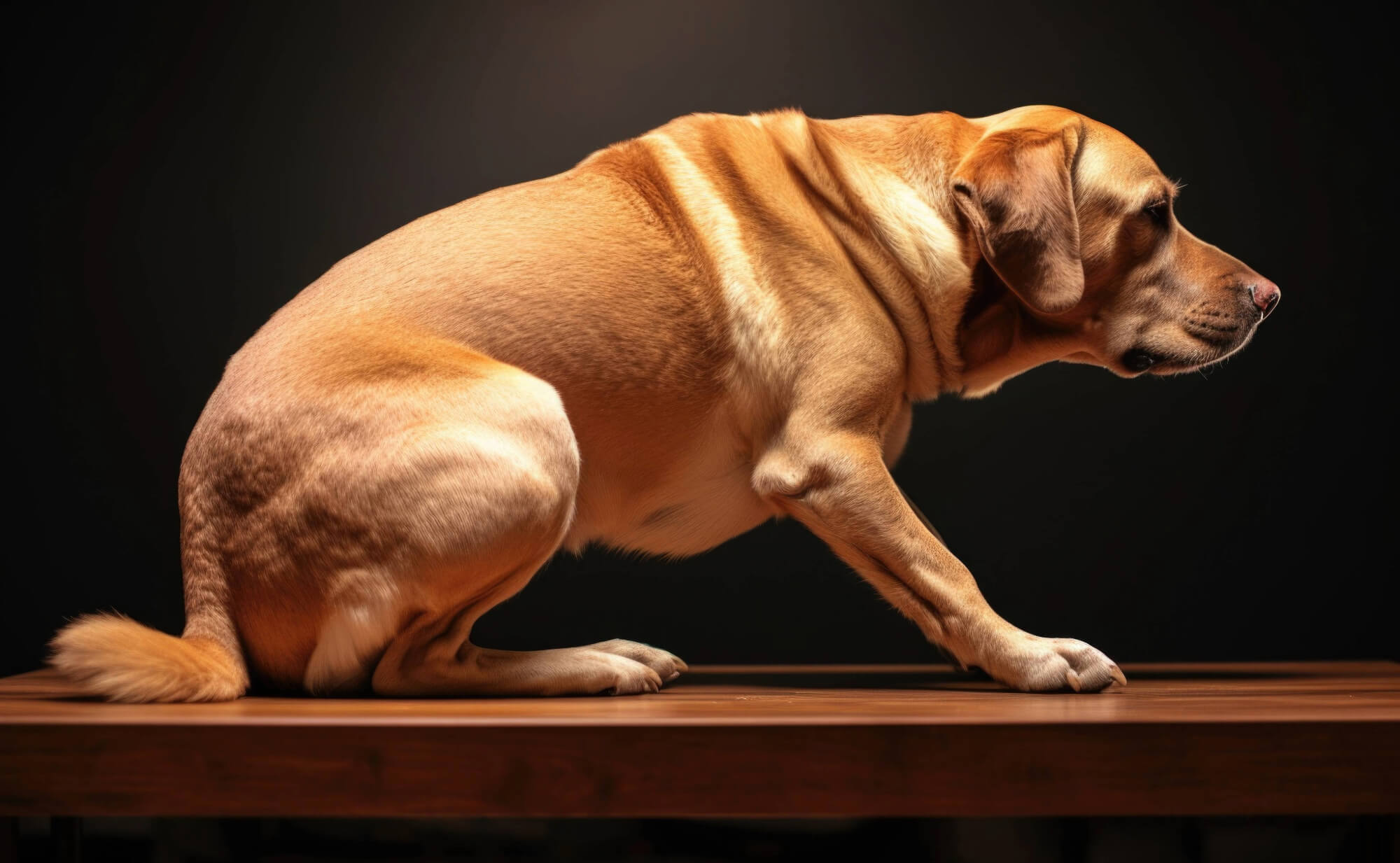 Yellow Labrador hunched over in pain