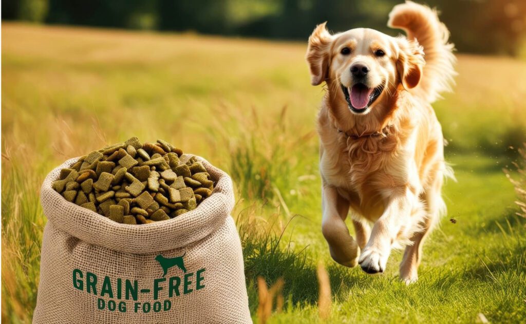 Grain Free Dog Food Golden Retriever running towards a bag labeled "Grain Free Dog Food"