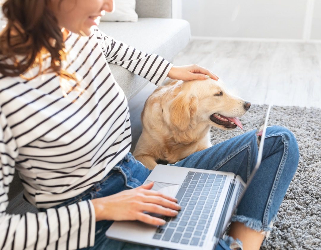 Woman sitting on floor with laptop petting a yellow Labrador Retriever